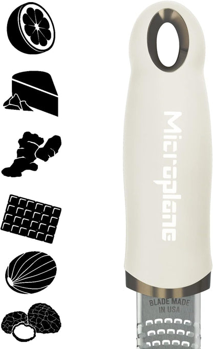 Microplane Zester Grater in Cashmere Beige for Citrus Fruits, Hard Cheese, Ginger, Chocolate and Nutmeg with Fine Stainless Steel Blade - Made in USA