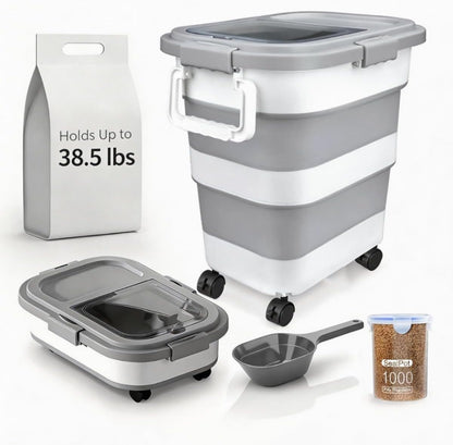 Collapsible Pet Food Storage Container, Airtight Dry Kibble Container with Detachable Wheels and Handle Storage Bin, Foldable Dog Cat Food Holder for Pantry Organization, 38.5 lbs