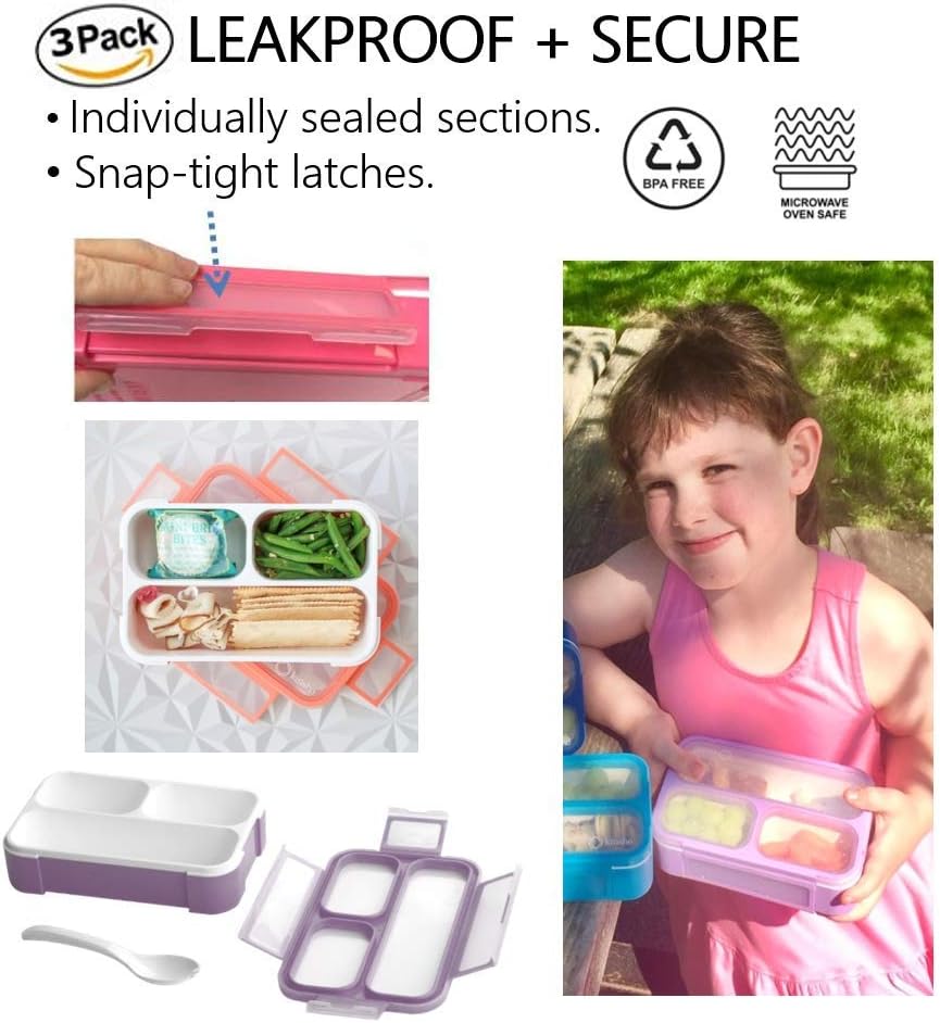 Small Snack Containers for Kids Toddlers - 3 Compartments (Set of 2) - Leak-Proof Reusable Boxes with Lids - BPA-Free Plastic Mini Bento Lunch Box - Holds 2 Cups Capacity (Pastel Blue+Teal Sparkle)