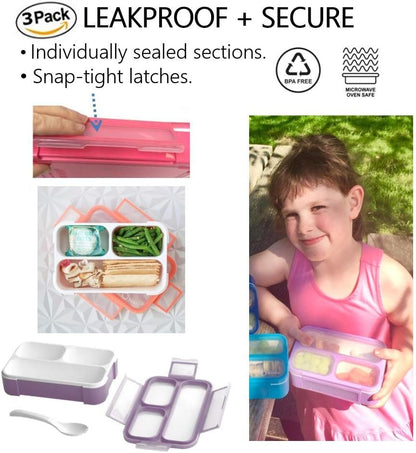 Small Snack Containers for Kids Toddlers - 3 Compartments (Set of 2) - Leak-Proof Reusable Boxes with Lids - BPA-Free Plastic Mini Bento Lunch Box - Holds 2 Cups Capacity (Pastel Blue+Teal Sparkle)
