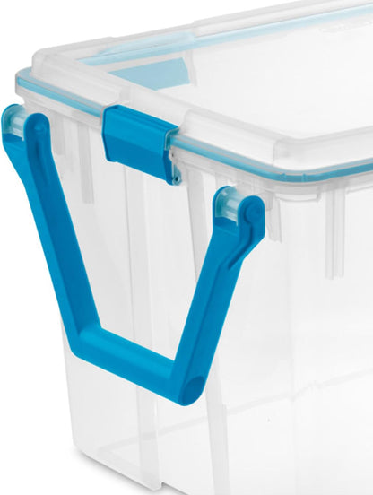 Sterilite 80 Qt Gasket Box, Stackable Storage Bin with Latching Lid and Tight Seal, Plastic Container to Organize Basement, Clear Base and Lid, 1-Pack