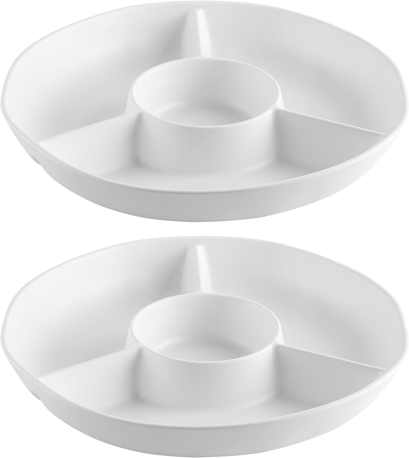 Chip & Dip Serving Tray Set, 4 Sectional Round Melamine Serving Platter, Relish Tray, Round Compartment Appetizer platter for Veggies, Candy and Snacks, Matte Black, Set of 2