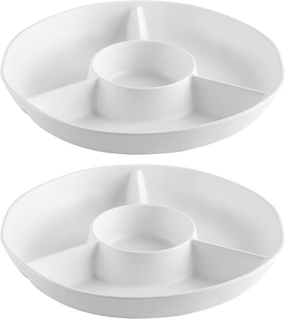 Chip & Dip Serving Tray Set, 4 Sectional Round Melamine Serving Platter, Relish Tray, Round Compartment Appetizer platter for Veggies, Candy and Snacks, Matte Black, Set of 2
