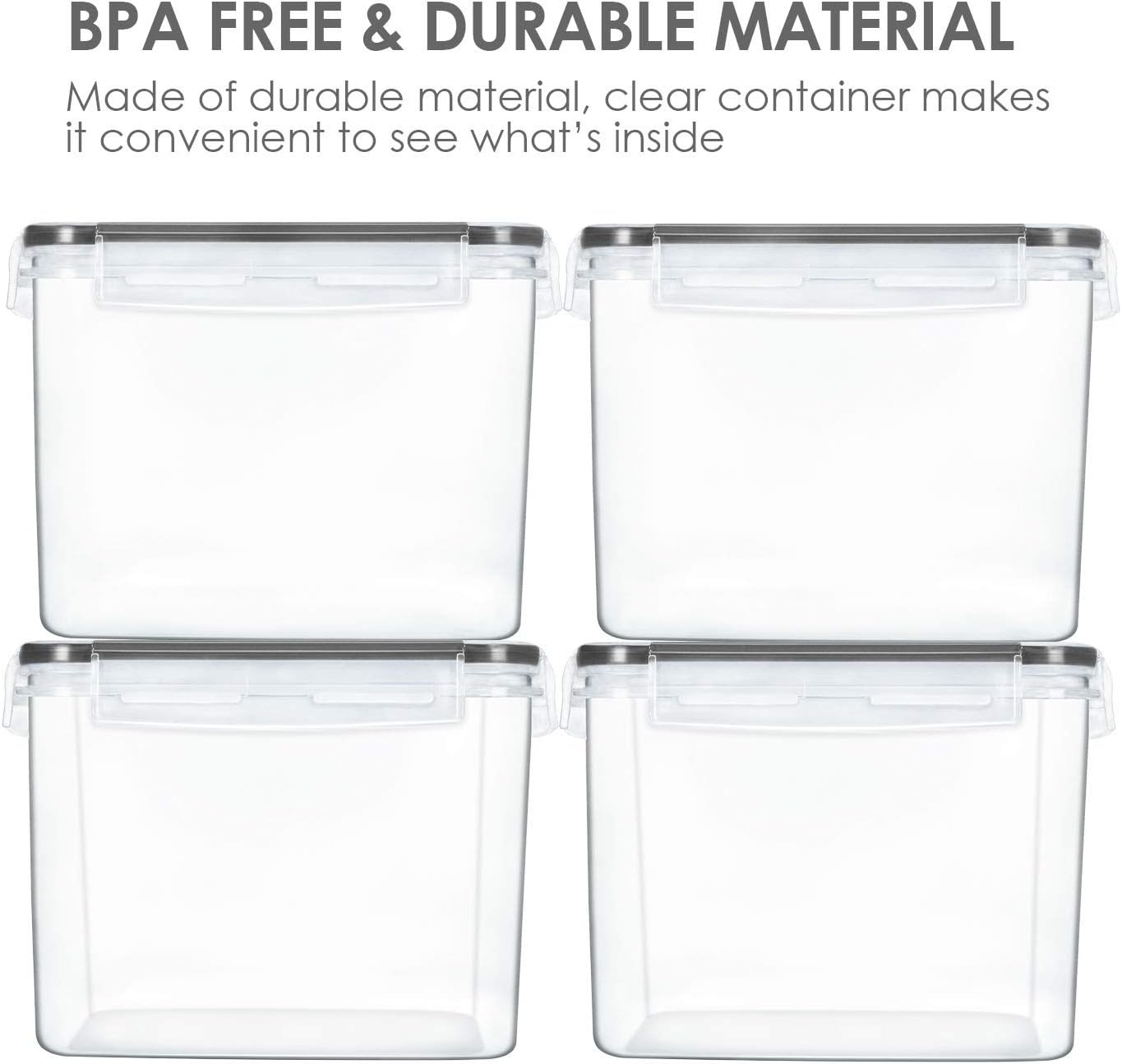 Vtopmart 4 PCS Large Food Storage Containers 5.2L / 175oz, 4 Pieces BPA Free Plastic Airtight Canisters for Flour, Sugar, Baking Supplies, Rice with Lids, 4 Measuring Cups and 24 Labels, Black