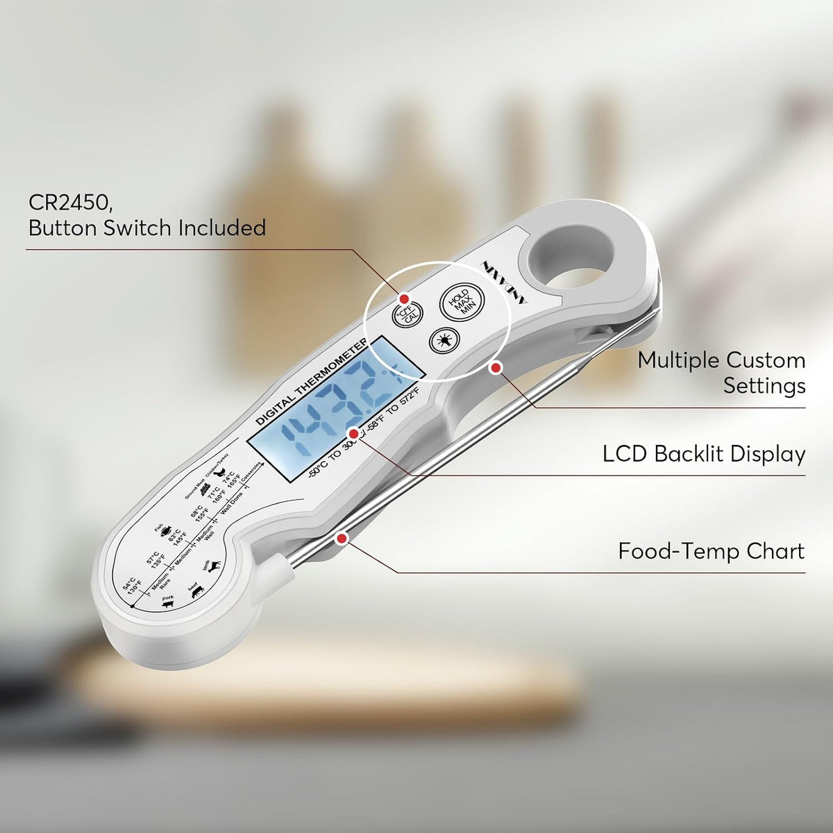 Meat Thermometer Digital for Grilling and Cooking - ANDAXIN Waterproof Ultra-Fast Instant Read Food thermometers with Backlight & Calibration for Kitchen, Deep Fry, BBQ, Grill(Red/Black), LCD