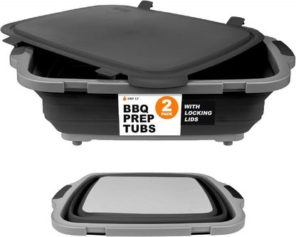 Drip EZ Collapsible BBQ Prep Tubs 2-Piece Set- For Meal Prep Marinating Food Storage - Includes Cutting Board & Lid - (2) XL - Black