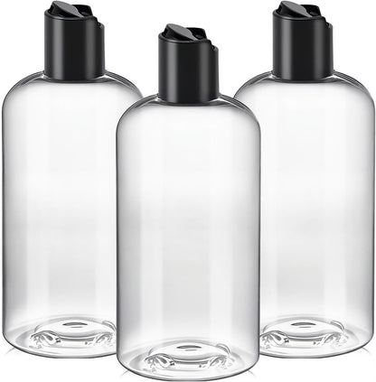 3Pcs 16 oz Clear Plastic Refillable Travel Bottles with Black Disc Top Caps