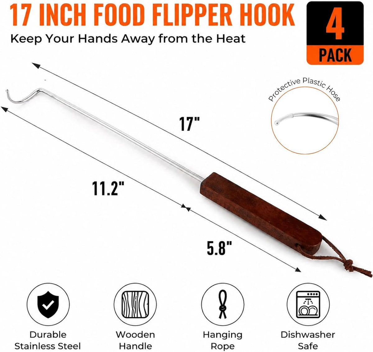 YOUEON 4 Pack 17 Inch Pigtail Food Flipper with Wooden Handle, Stainless Steel Meat Hook Turner Grill Tools, BBQ Turner for BBQ Ribs, Steak, Fish, Chicken, Sausage, Vegetables