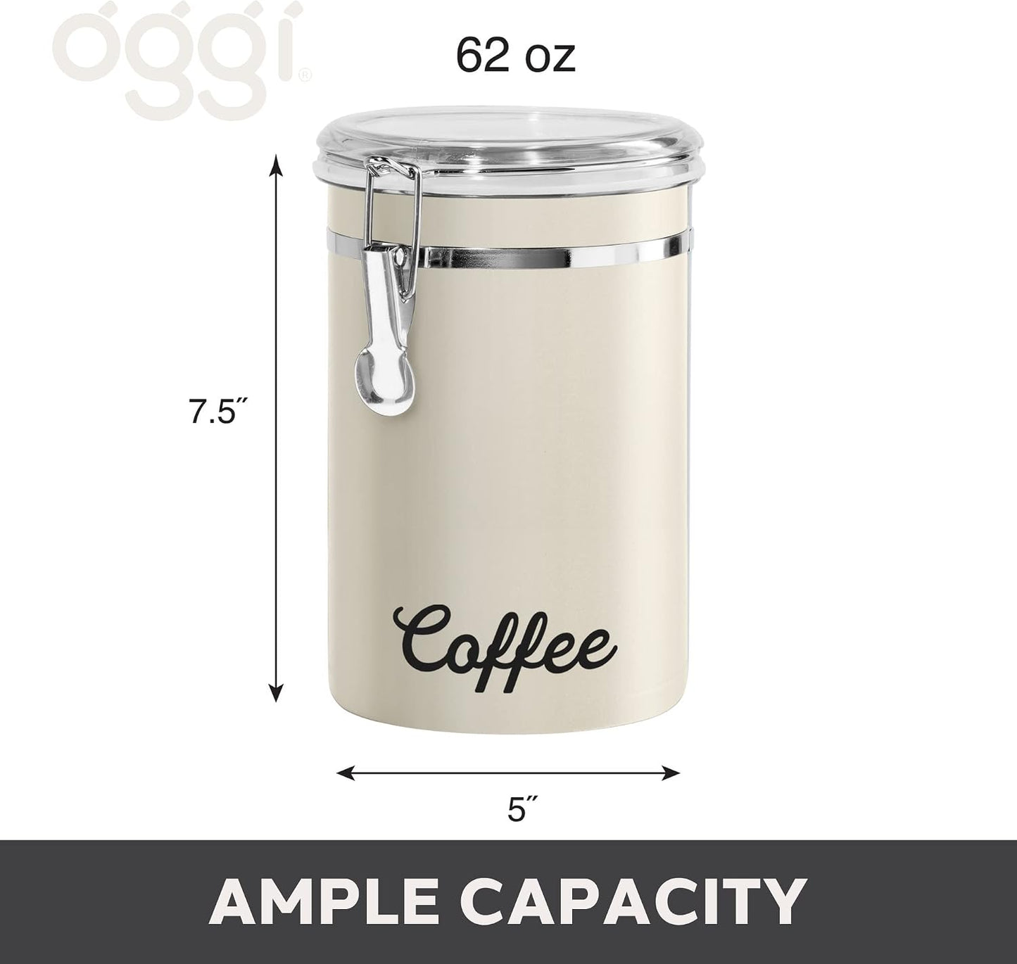 Oggi Stainless Steel Sugar Canister 62 fl oz - Airtight Clamp Lid, Clear See-Thru Top - Ideal Sugar Container for Countertop, Sugar Jar, Bulk Sugar Storage. Large Size 5" x 7.5".