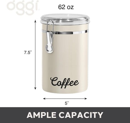 Oggi Stainless Steel Sugar Canister 62 fl oz - Airtight Clamp Lid, Clear See-Thru Top - Ideal Sugar Container for Countertop, Sugar Jar, Bulk Sugar Storage. Large Size 5" x 7.5".