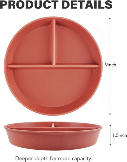 greenandlife 9 Inch 4PCS Portion Control Plates with Lids, Divided Plates for Kids Adults, Dishwasher Microwave Safe Compartment Plate, Unbreakable Lightweight Reusable Wheat Straw Plate, Earth Tone
