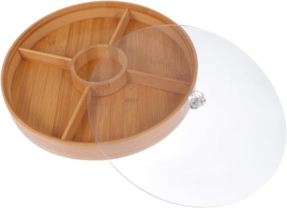 Bamboo Snack Tray with Lid - 4 Compartment Fruit Plate for Serving Dried Fruits, Nuts, Snacks - Wooden Tray for Food Storage Home Use, 11.81 X 11.81 X 1.57 Inches