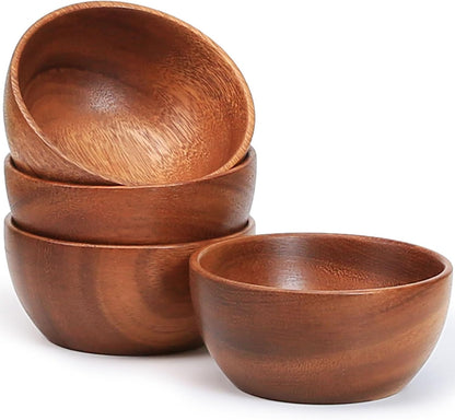 Acacia Wooden Bowls Set, Small Pinch Bowls for Sauces/Dips/Condiments, Mini Serving Bowls for Snacks/Appetizers/Side Dishes/Charcuterie Board, 3 oz Wooden Ramekins, Handmade Reusable, 4 pcs