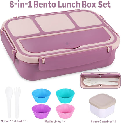 Bento Box Adult Lunch Box, Lunch Containers for Kids Girls Boys with 4 Compartments, Lunchable Food Container with Utensils, Sauce Jar, Muffin Liners, 40 Oz/5 Cup, Microwave Safe, Lavender