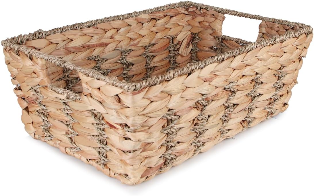 Water Hyacinth storage basket with Handle Shelf Organizing Storage Baskets Hand-woven Rattan Baskets Pantry Bin Organizers for Shelves, Living Room,Decor(Middle)