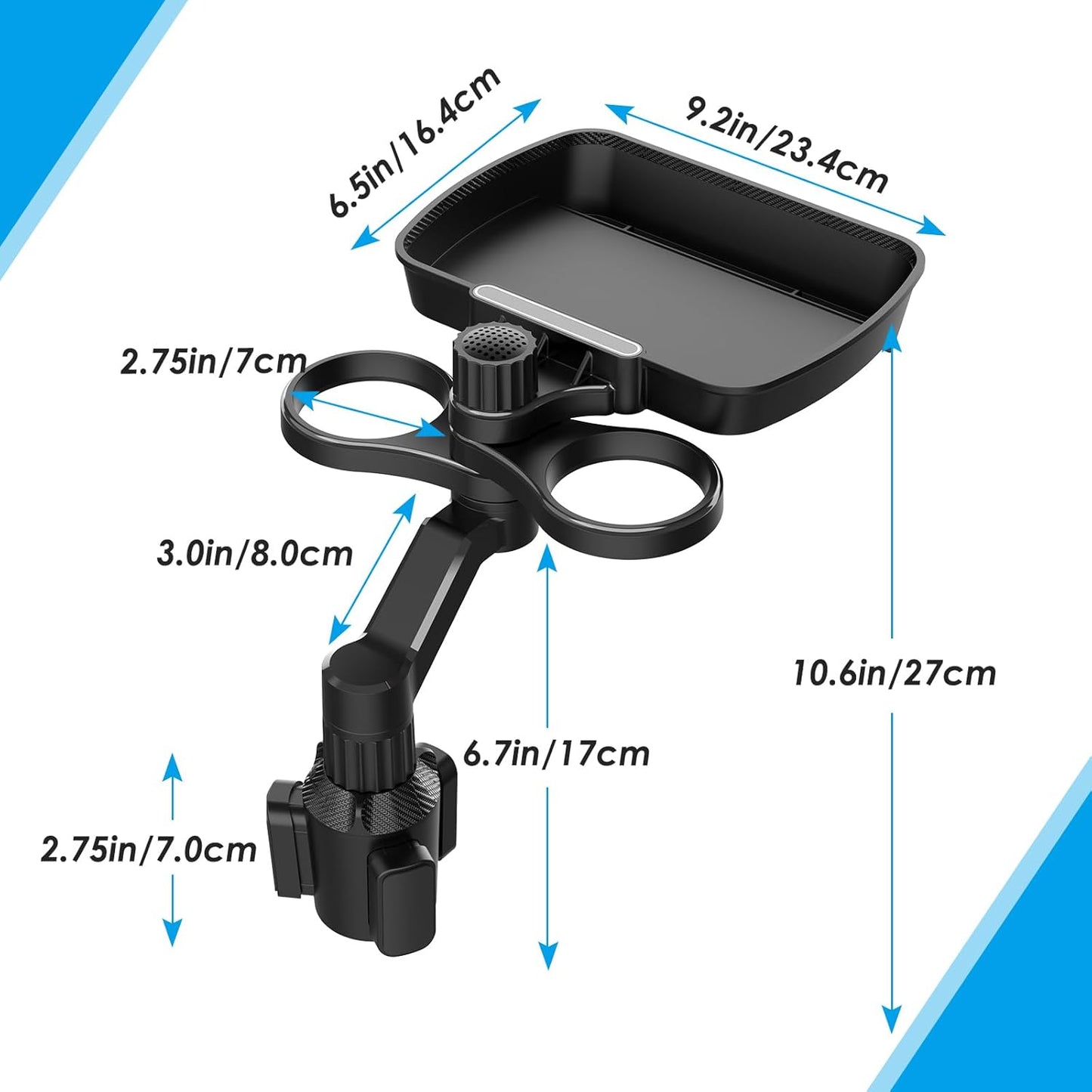 Biupky Car Cup Holder Expander, 4-in-1 Universal Cup Holder Tray Compatible with 2.6" to 3.94", Multi Cup Holders Table with Large Food Tray Phone Mount, for Travel Auto Trucker Road Trip Essentials