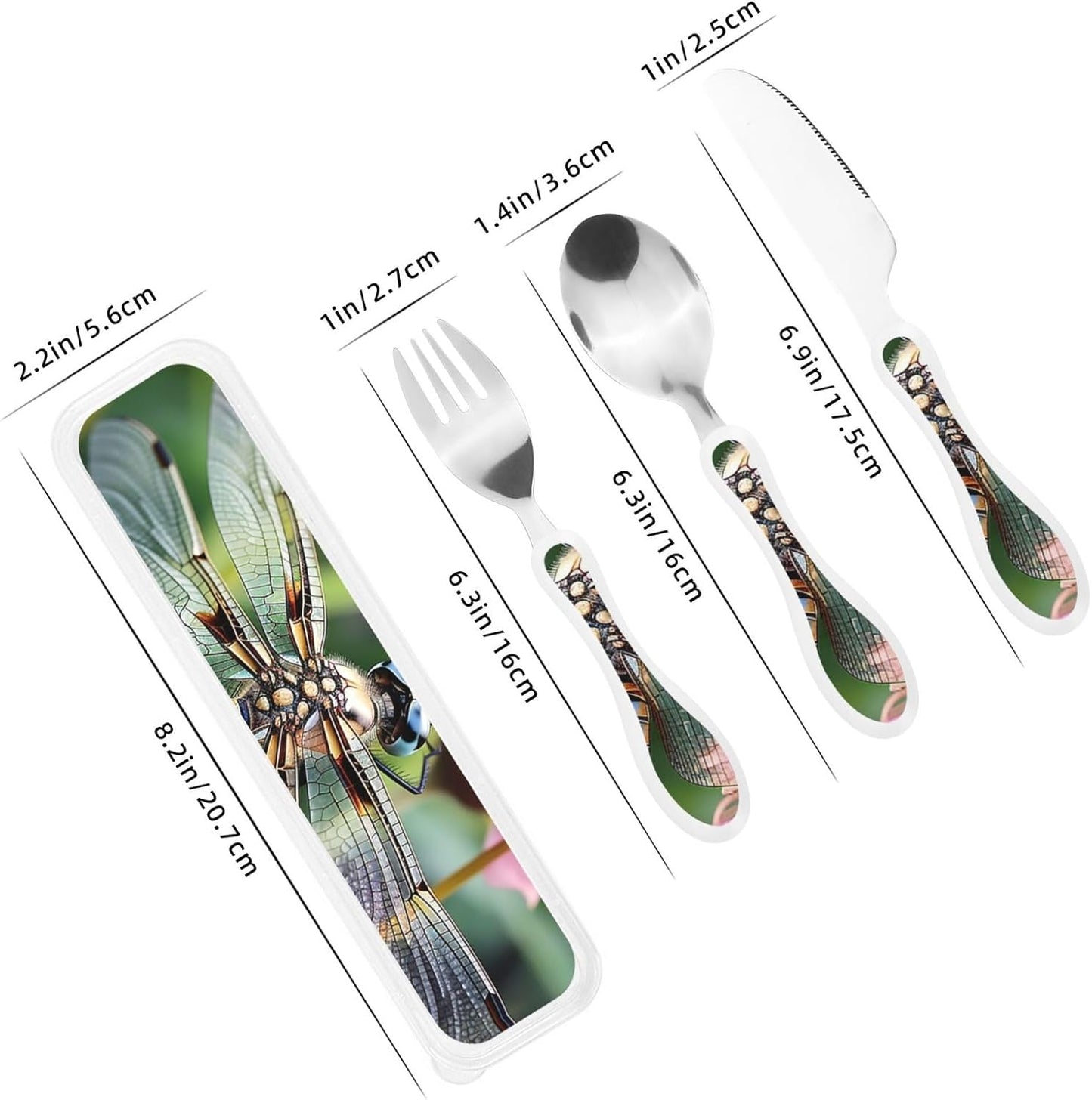 3-Piece Kids Silverware Set With Storage Case, Stainless Steel Reusable Children Safe Knife Spoon Fork Set Dragonfly Insects Flowers Children Flatware Set For Kids Lunch Box