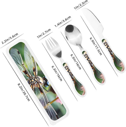 3-Piece Kids Silverware Set With Storage Case, Stainless Steel Reusable Children Safe Knife Spoon Fork Set Dragonfly Insects Flowers Children Flatware Set For Kids Lunch Box