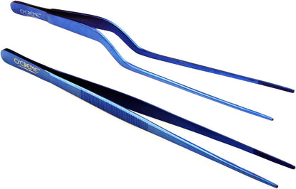 O'Creme Culinary Stainless Steel Tweezer Tongs Set of 2 - One 10 Inch Straight and One 8 Inch Offset Gold Color