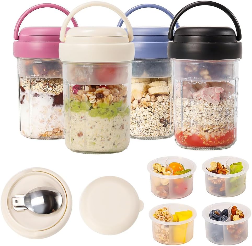 2 Pack Overnight Oats Containers with Lids and Handles, Folding Spoons & Divided Compartments for Fruit & Nuts, 16oz Mason Jars for Oatmeal Yogurt Container Chia Pudding Jars with lids (Cream 2pcs)