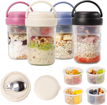 2 Pack Overnight Oats Containers with Lids and Handles, Folding Spoons & Divided Compartments for Fruit & Nuts, 16oz Mason Jars for Oatmeal Yogurt Container Chia Pudding Jars with lids (Cream 2pcs)