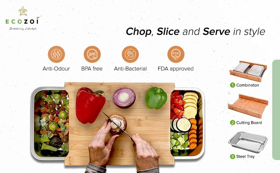 Bamboo Cutting Board by Ecozoi with 2 Slide Out Drawers. Keep Meal Prep Organized With Organic Bamboo Wooden Chopping Station. Non-Slip Butcher Block with Juice Groove for Easy Cleaning