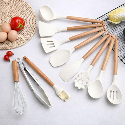 Silicone Kitchen Utensil Set with Holder, 12-Piece Heat-Resistant BPA-Free Non-Stick Cooking Tools with Wooden Handles, Includes Spatula, Spoon, Slotted Spoon, Whisk, Tongs & Brush