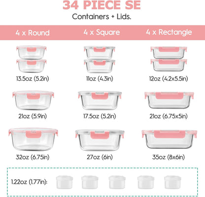 34pcs Glass Food Storage Containers with Lids Set, Airtight Glass Meal Prep Containers (17 Containers & 17 Lids), Leak Proof Lunch Container BPA-Free, Microwave, Oven, Freezer, Dishwasher Safe-Blue