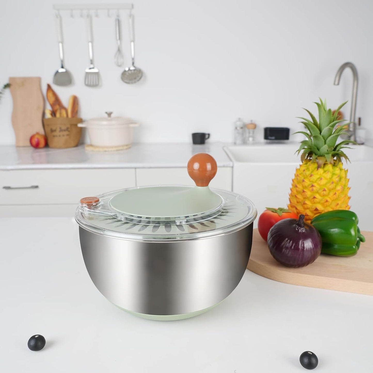 Stainless Steel Salad Spinner, 5.3 Qt Lettuce Spinner with Non-Slip Base, Drain and Stop Button, Fruit and Vegetable Washer and Dryer Spinner