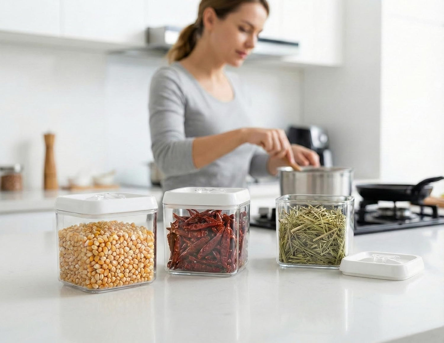 Felli Flip Tite Acrylic Food Storage Container with Lid 6” XL Air Tight Ring Seal Flip Top, Plastic Kitchen Baking Canister for 5 lb Flour Sugar Rice Protein Powder Pantry Organizer (Nest-M, White)