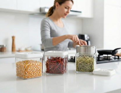 Felli Flip Tite Acrylic Food Storage Container with Lid 6” XL Air Tight Ring Seal Flip Top, Plastic Kitchen Baking Canister for 5 lb Flour Sugar Rice Protein Powder Pantry Organizer (Nest-M, White)