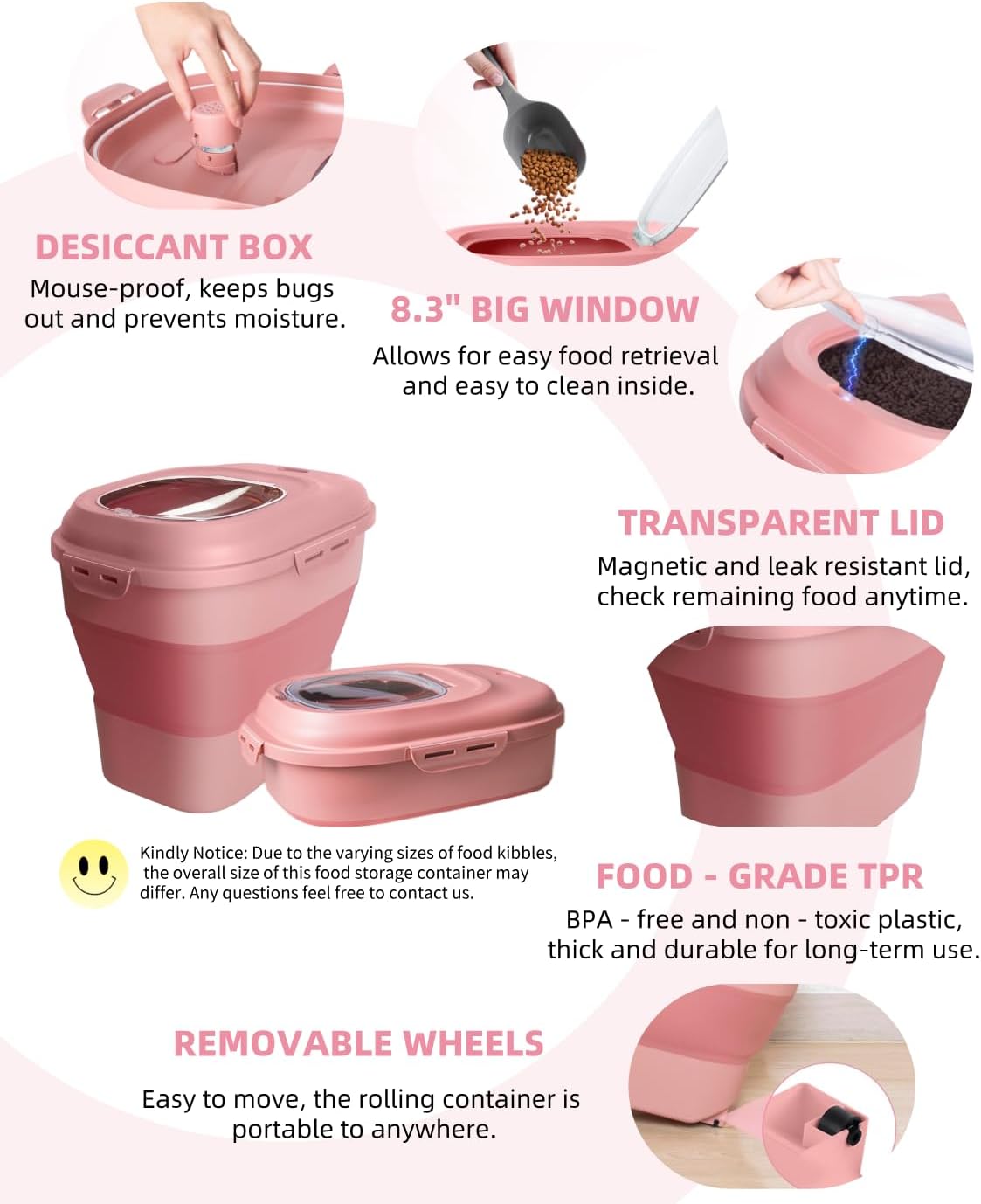 30-35 Lbs Dog Food Storage Container Collapsible Dog Food Container with Airtight Lids, Wheels, Scoop and 2pcs Food Storage Containers, Large Pet food storage for Dog, Cat