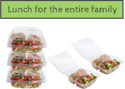Smygoods Plastic Clamshell Food Containers, (Pack of 50-8x8x3 3/8) 3-Compartment, to go Containers, Hinged Food Container