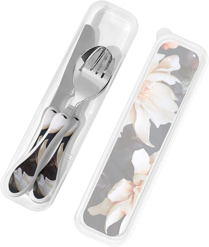 3-Piece Kids Silverware Set With Storage Case, Stainless Steel Reusable Children Safe Knife Spoon Fork Set Classy Flowers Children Flatware Set For Kids Lunch Box