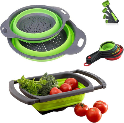 New Version 11Pack Silicone Kitchen Strainer Collapsible Colander with Foldable Silicone Measuring Spoon Measuring Cup Kitchen Good Tools (Blue) 9.6 * 1.1