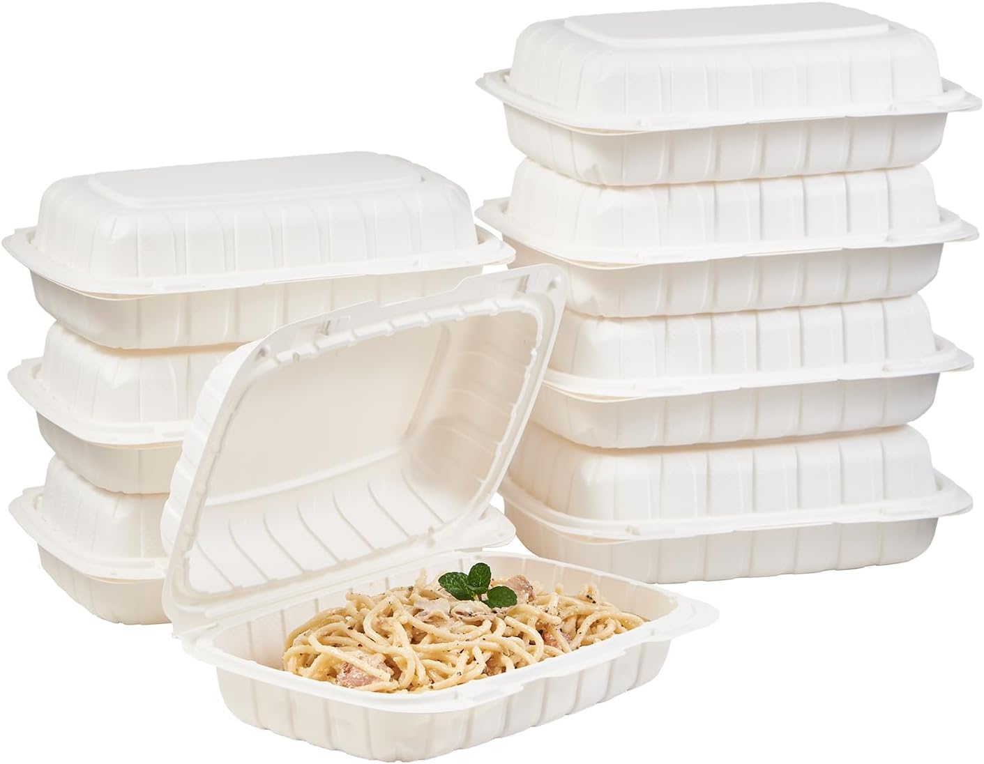 8X8 3-Compartment 50-Pack Plastic Clamshell Takeout Food Trays Heavy Duty Togo Disposable Box Carryout Meal Prep Packaging Catering Hinged Containers With Secure Snap Lid (Formerly FULING)