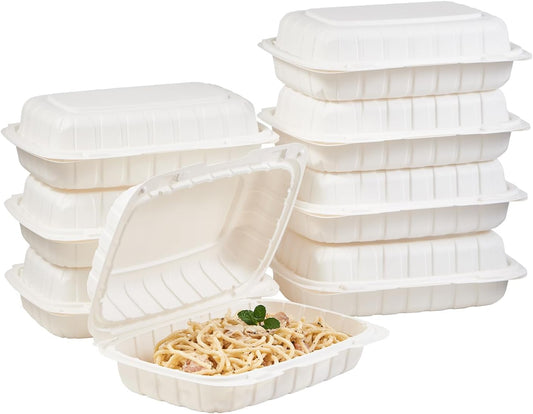 FULING [8x8-Inch, 50 Pieces, 3-Compartment Disposable To Go Box Containers, Plastic Clamshell Takeout Food Trays, Microwave Safe, Cut Resistantstable Hinged Lid, Hybrid Polypropylene, White