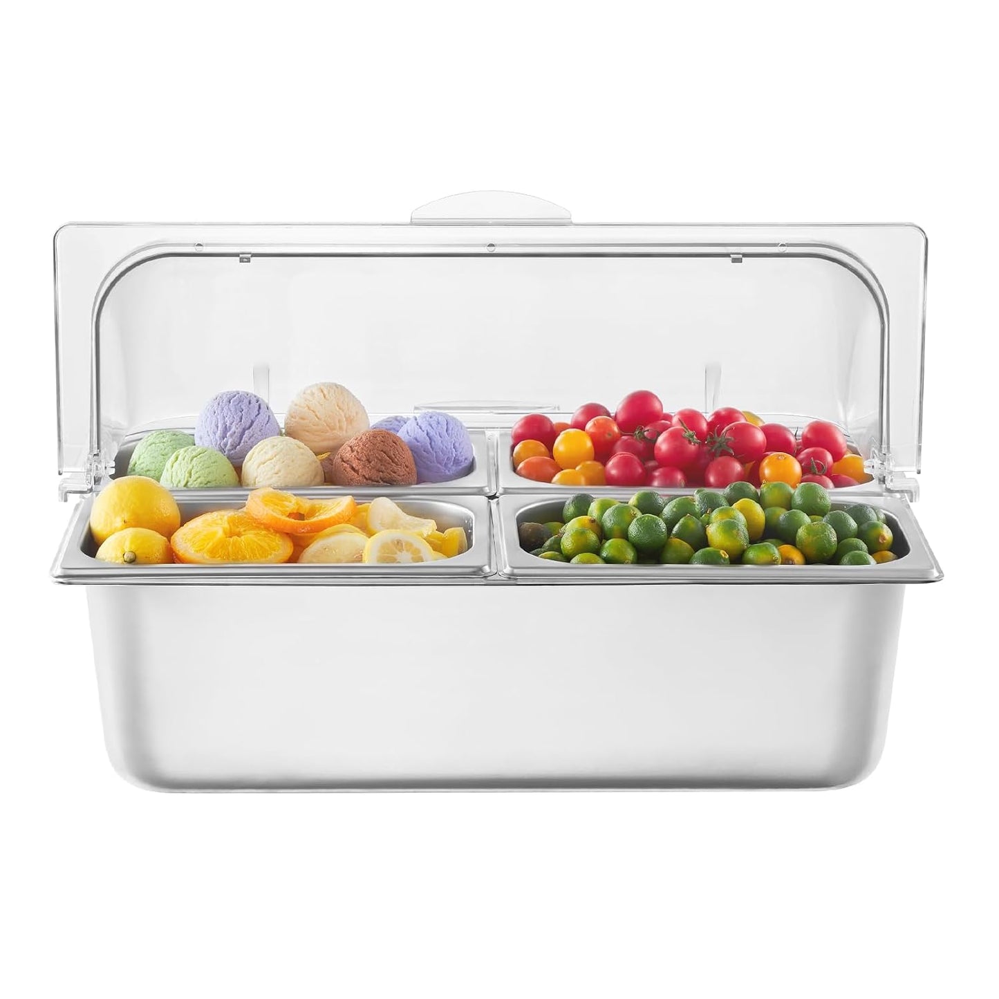 VEVOR Chilled Condiment Server, 4 Compartment Ice Cooled Condiment Serving Container, Chilled Garnish Tray Bar Caddy with Lid, for Bartending & Serving Taco, Salad, Fruit, Home & Restaurant Supplies