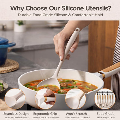 14-Piece Silicone Cooking Utensil Set with Wooden Handles & Storage Holder – Heat-Resistant, Non-Stick Safe, Oven Safe – White