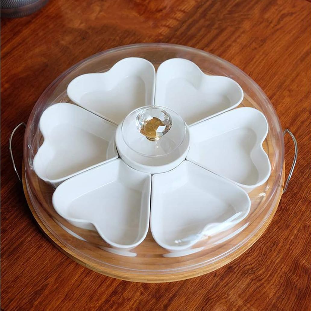 Appetizer Serving Tray with Bamboo Holder and Lid, Ceramic Divided Serving Platter with Food Picks, Relish Tray for Chips and Dip, Veggies, Candy and Snacks, Parties T