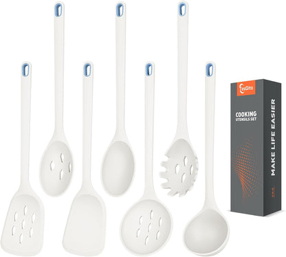 Large Silicone Utensils Set of 7 for Cooking,No Scratch for Nonstick Cookware,Pasta Server,Spaghetti Spoon,Slotted Spoon&Spatula,Solid Spoon&Spatula,Skimmer,Soup Ladle BPA Free Heat Resistant (Green)