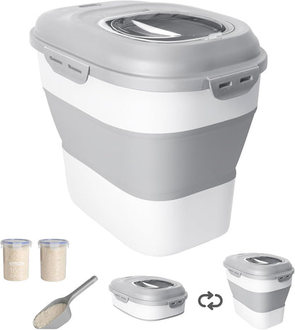 20-30 Lbs Rice Storage Container,Collapsible Food Storage Containers with Rolling Wheel Airtight Locking Lid,Flour Storage Container with Cup and Scoop,Suitable for Food,Rice,Pet Food,Flour