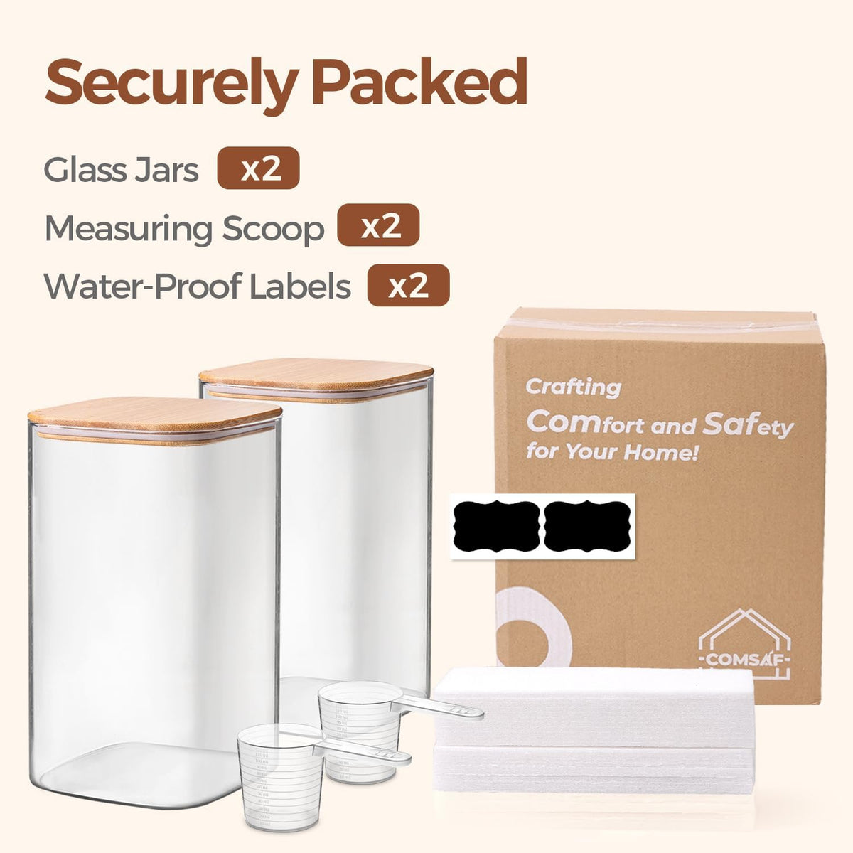 ComSaf Glass Storage Jars with Bamboo Lids 4.6 Qt 2 Pack Large Wide Mouth | Pantry organization, Flour Sugar Coffee Beans, Pasta Cereal Dry Food, 1.2 Gallon, Cabinet Organization, Dry Food Storage