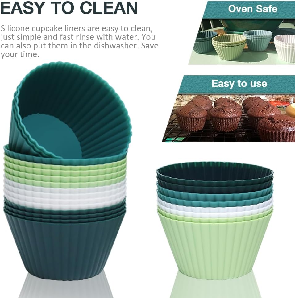 Extra Large Silicone Cupcake Muffin Cups 12 Pcs, 3.54 Inch Muffin Liners, Reusable Jumbo Silicone Baking Cups Easy to Clean, Great for Cupcake, Mousse(3 Green, White)