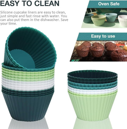 Extra Large Silicone Cupcake Muffin Cups 12 Pcs, 3.54 Inch Muffin Liners, Reusable Jumbo Silicone Baking Cups Easy to Clean, Great for Cupcake, Mousse(3 Green, White)