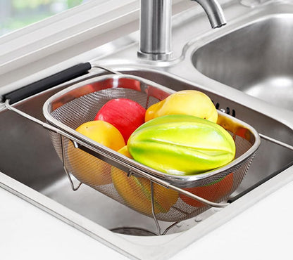 Expandable Over Sink Colander, Stainless Steel Mesh Strainer Basket with Extendable Handles, Kitchen Sink Colander for Washing Fruits, Vegetables, Pasta & Food Draining