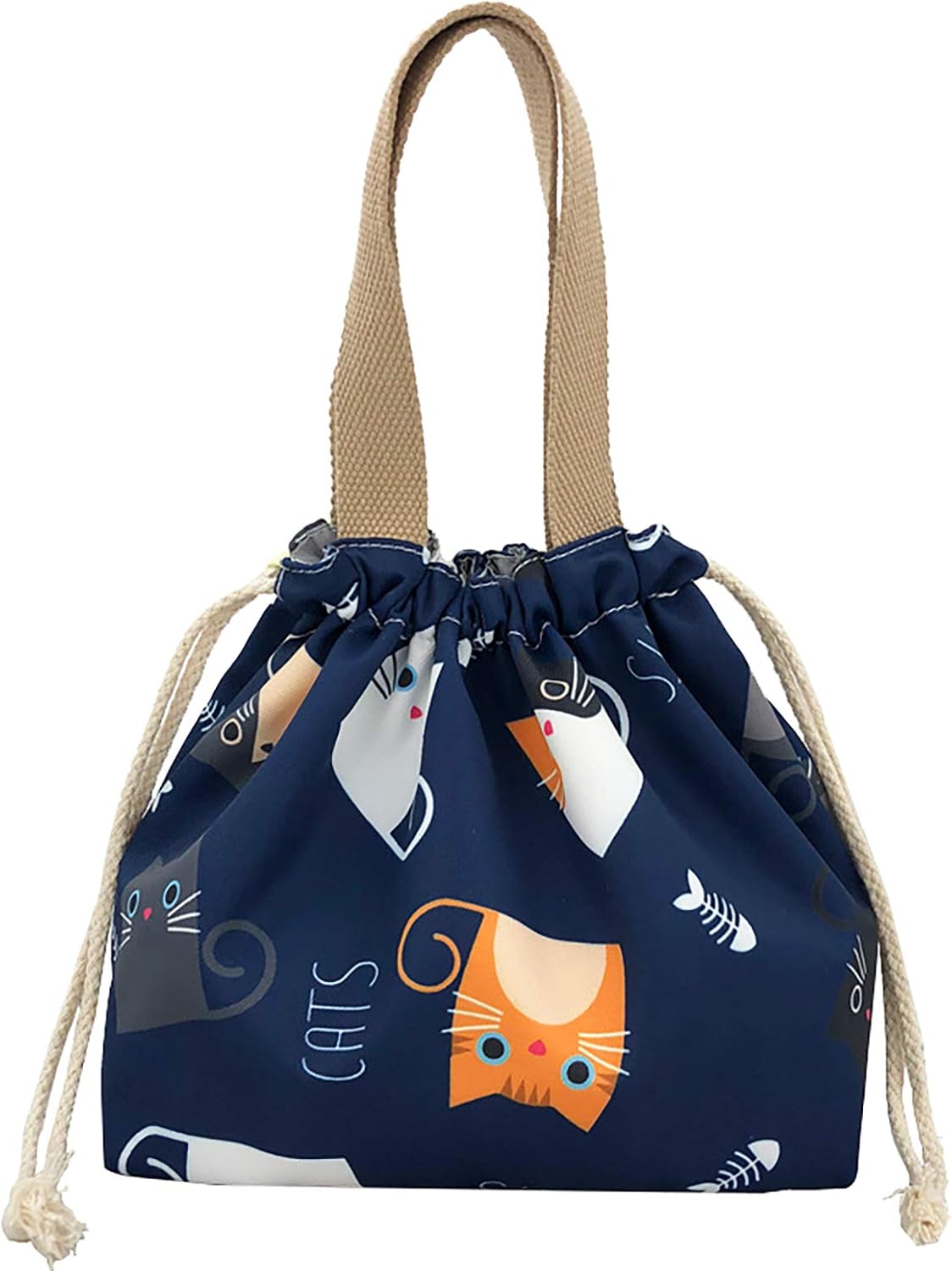 enyuwlcm Mini Lunch Tote Pouch Reusable Small Cute Lunch Bag with Drawstring Suitable for Girls Women Cat Blue