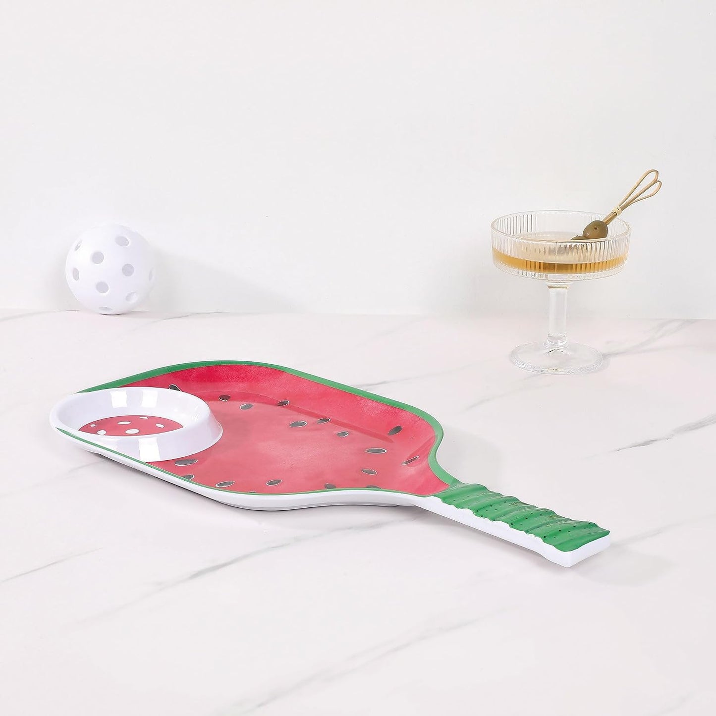 UPware Watermelon Melamine Chip and Dip Snack Tray, Summer Fruit Pickleball Paddle Shape Platter for Chips, Salsa, Fruits, and Appetizers, 15.75 x 8 Inch