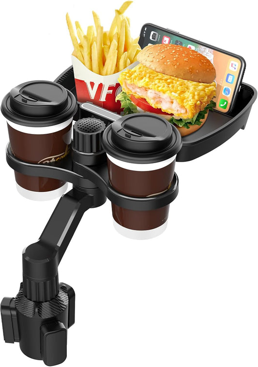 Biupky Car Cup Holder Expander, 4-in-1 Universal Cup Holder Tray Compatible with 2.6" to 3.94", Multi Cup Holders Table with Large Food Tray Phone Mount, for Travel Auto Trucker Road Trip Essentials