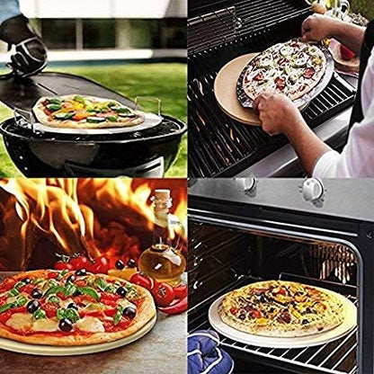 13 Inch Round Pizza Stones for Grill and Oven, Cordierite Baking Stones Set with Serving Rack & Cutter, Durable and Safe Cooking Stone Pan for Bread, Natural Pizza Stone for Family